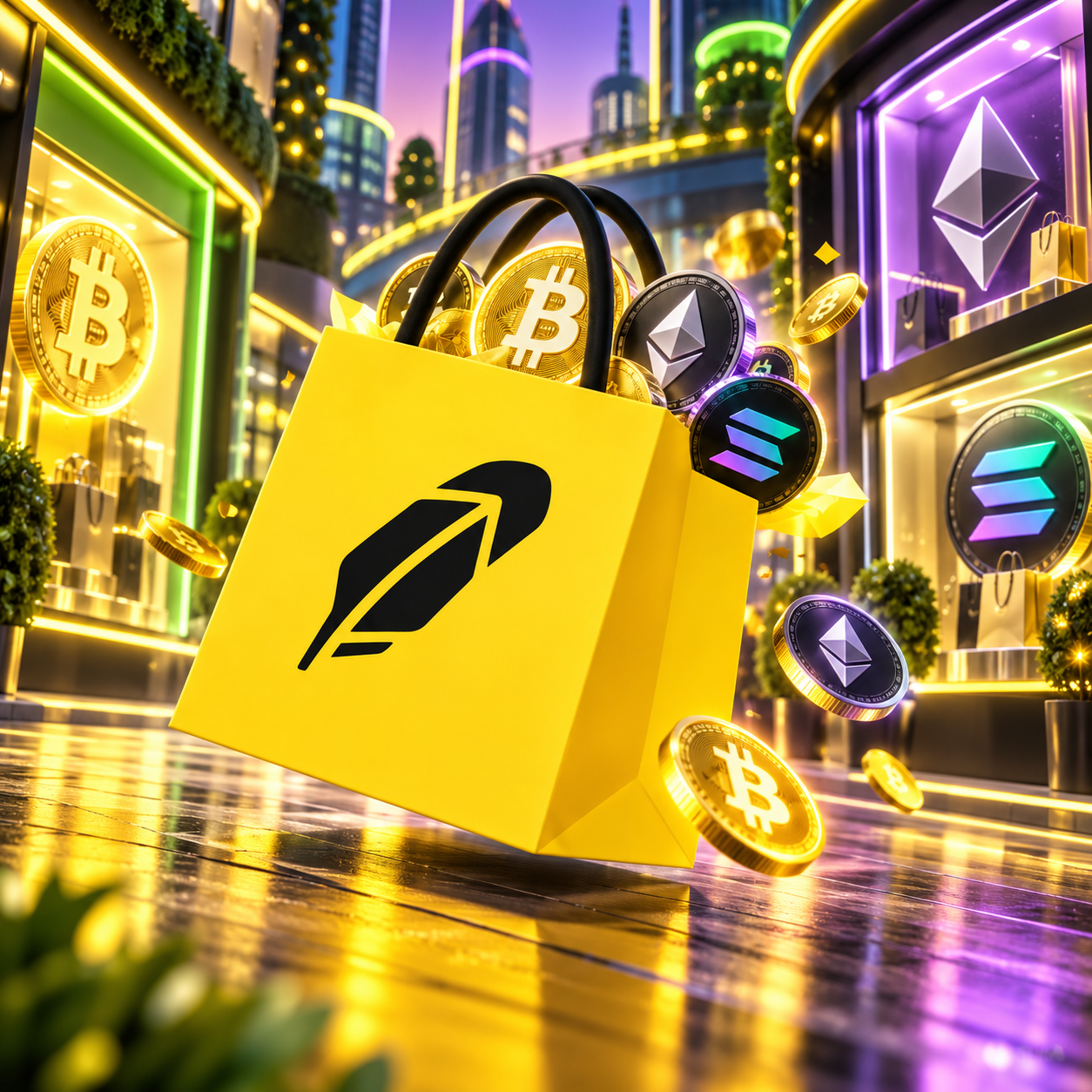 Robinhood Market bag overflowing with crypto coins on a neon city street