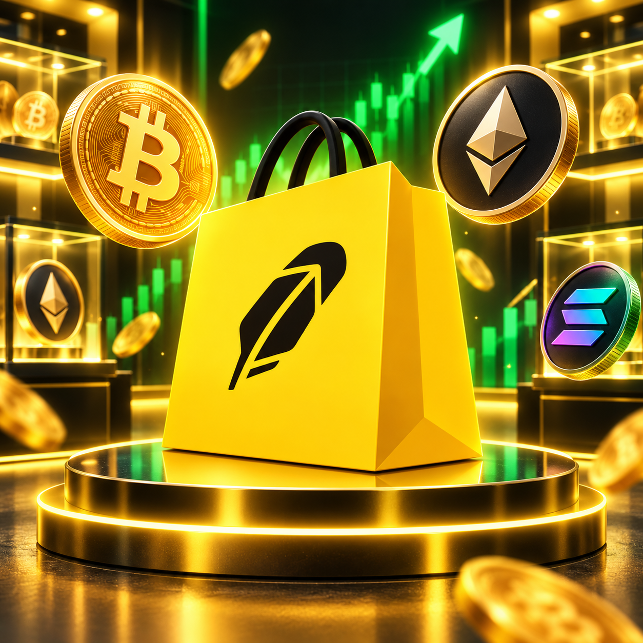 HOODSHOP bag on a golden pedestal surrounded by crypto coins