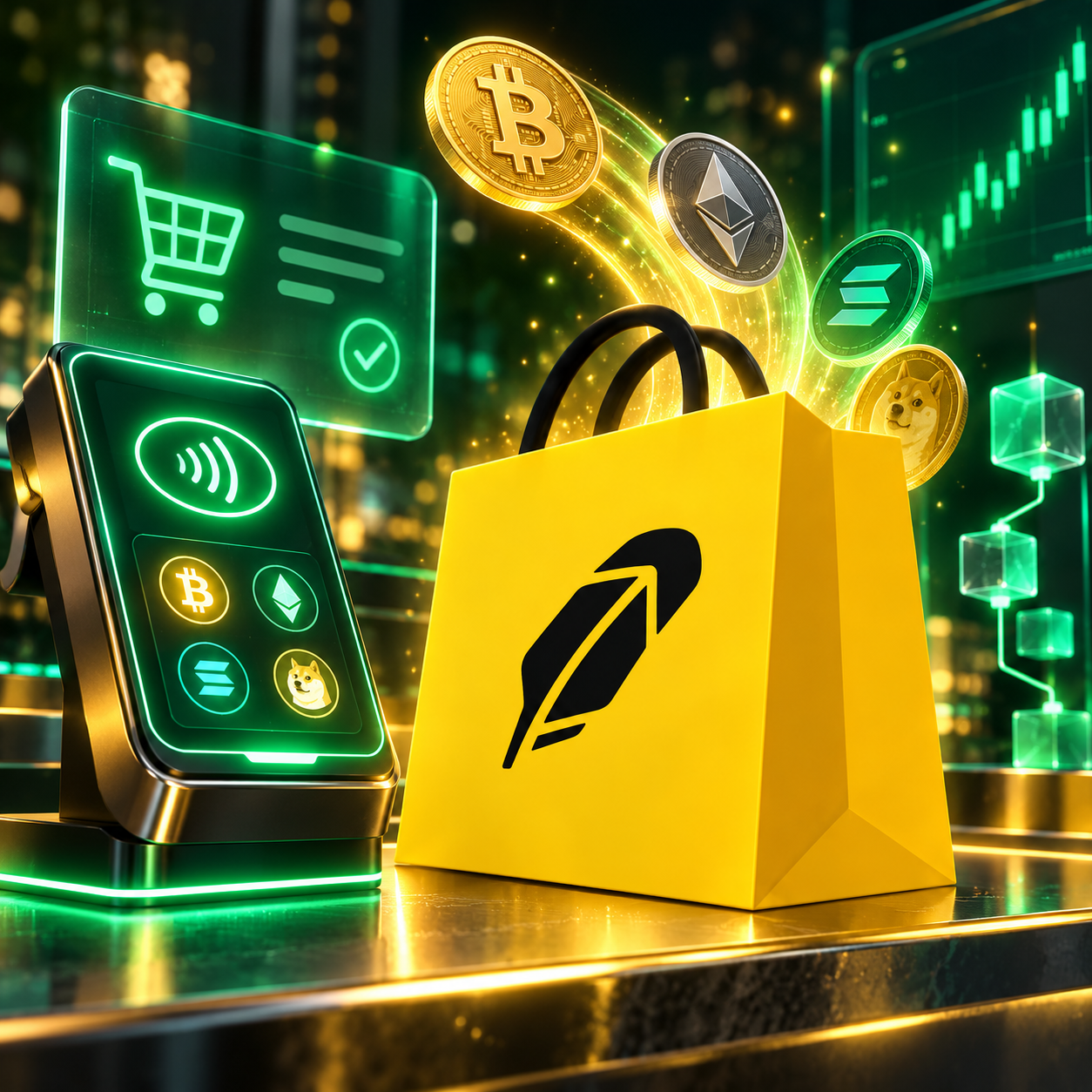 Digital checkout terminal with HOODSHOP bag and flying coins